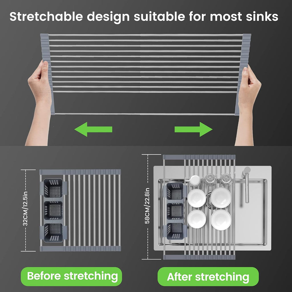 Over-the-Sink Roll-Up Drying Rack | Stainless Steel Foldable Kitchen Dish Drying Rack