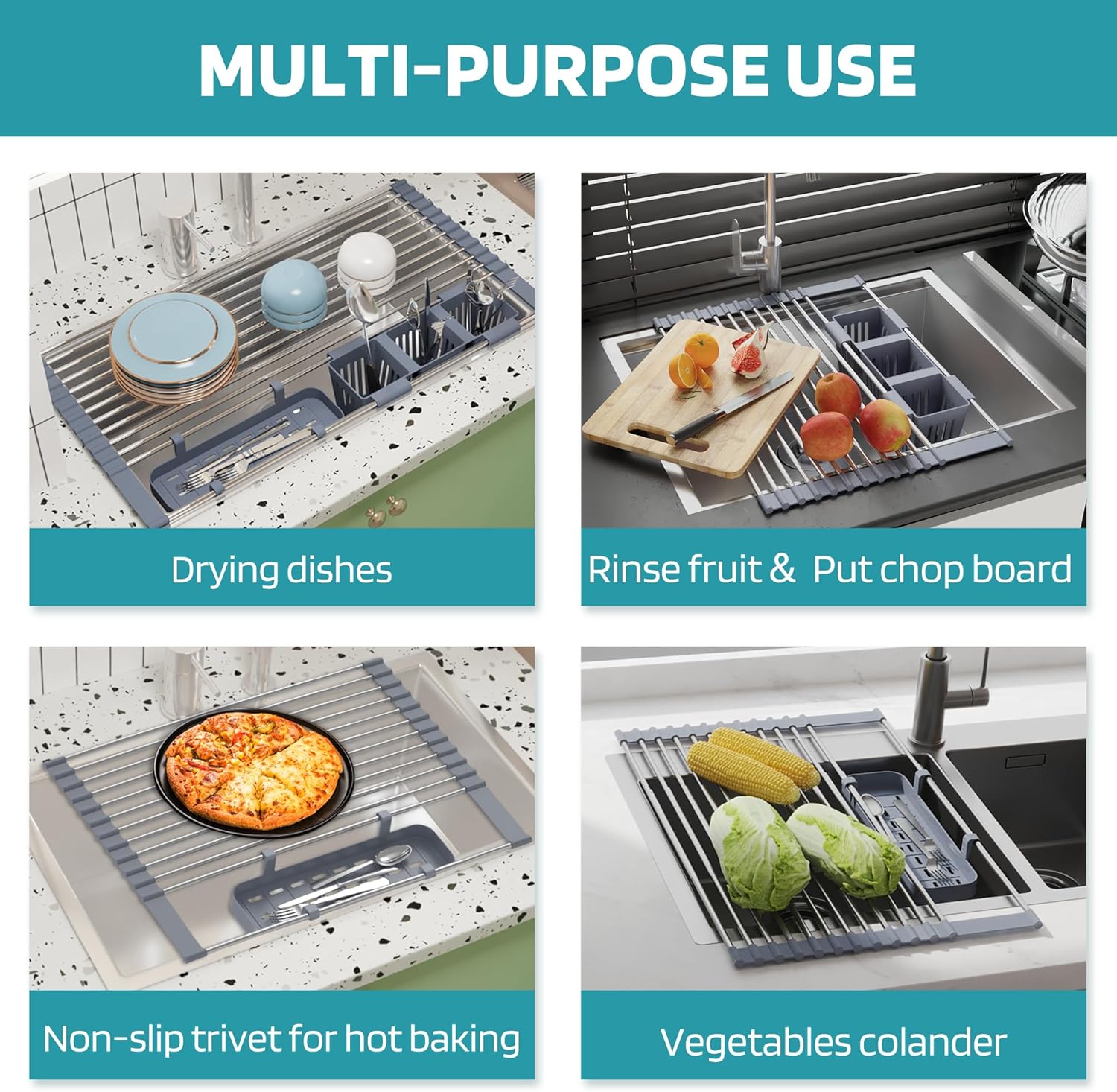 Over-the-Sink Roll-Up Drying Rack | Stainless Steel Foldable Kitchen Dish Drying Rack