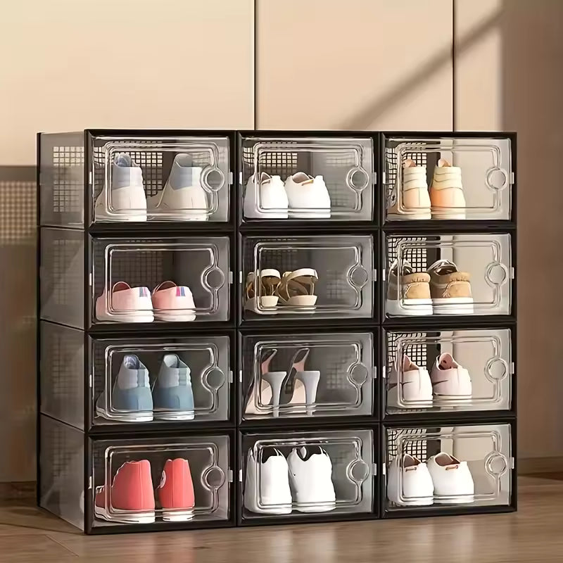 Stackable Clear Shoe Storage Boxes | Transparent Plastic Sneaker Organizer with Magnetic Door