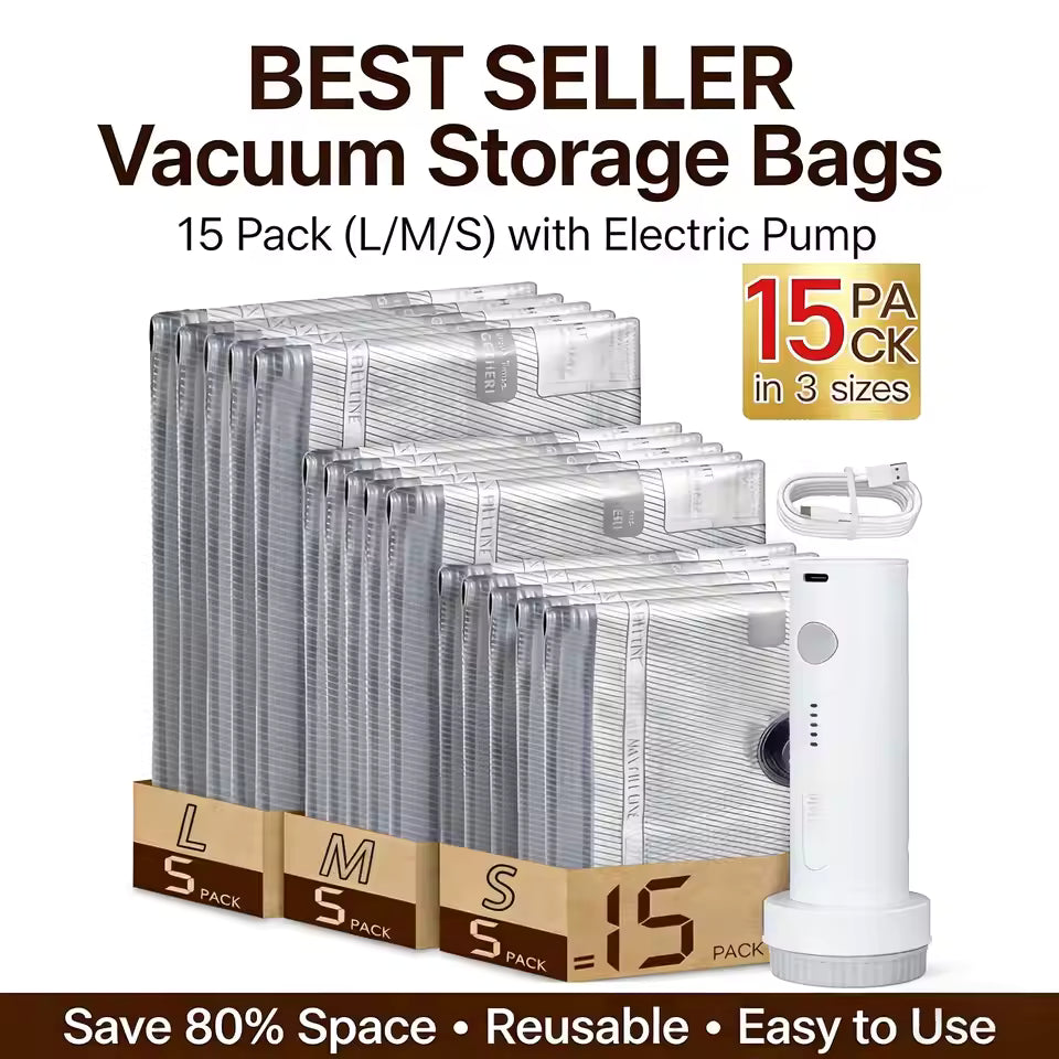 Vacuum Storage Bags with Electric Pump | Space Saving Compression Bags for Clothes & Bedding