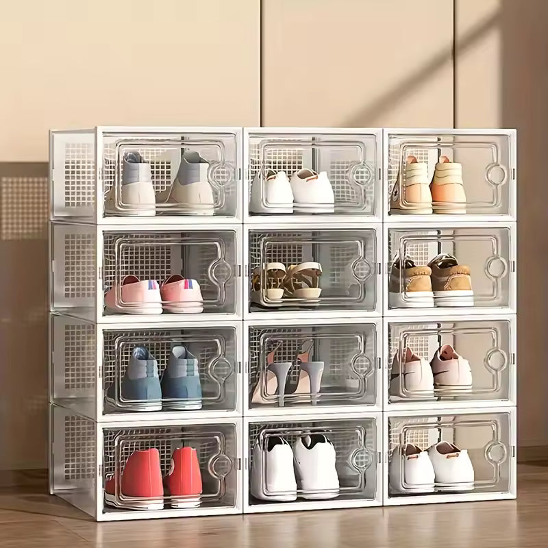 Stackable Clear Shoe Storage Boxes | Transparent Plastic Sneaker Organizer with Magnetic Door